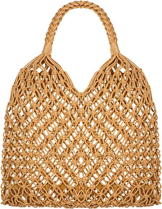 Travel Beach Fishing Net Handbag Woven Shoulder Bag Cotton Rope Macrame Bag Mesh Net Beach Bag Cr... | Amazon (US)