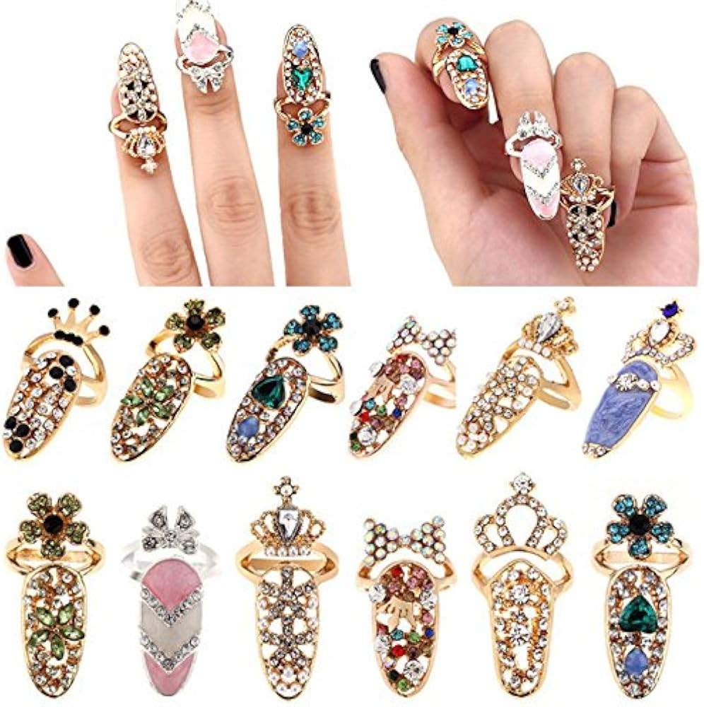 12pcs Women Fashion Bowknot Nail Ring Charm Crown Flower Crystal Finger Nail Rings | Amazon (US)