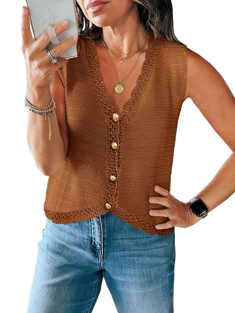 Saodimallsu Womens Sleeveless V Neck Sweater Vest Cropped Button Down Crochet Casual Loose Knit S... | Amazon (US)