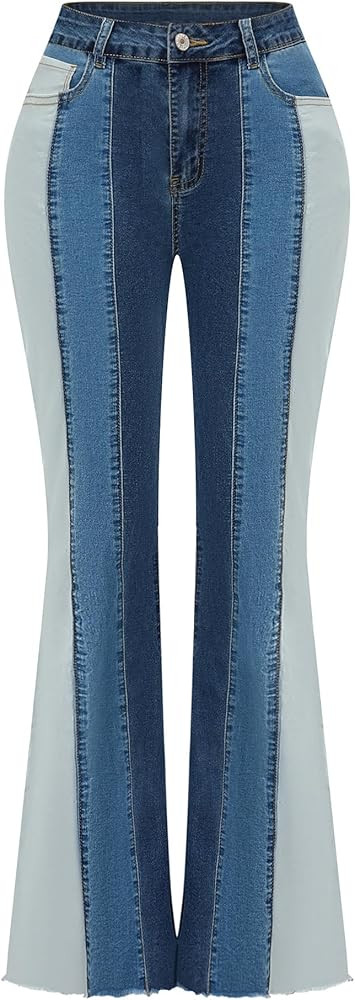 THUNDER STAR Women Patchwork Flare Jeans Stretch High Waisted Bell Bottom Raw Hem Denim Pants | Amazon (US)