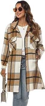 Springrain Women's Casual Plaid Wool Blend Shacket Button Shirt Long Jacket Coat | Amazon (US)