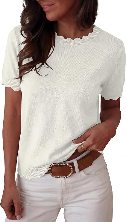 ANRABESS Womens Short Sleeve Sweater Summer Sweaters Top Dressy Scalloped Loose Business Casual V... | Amazon (US)