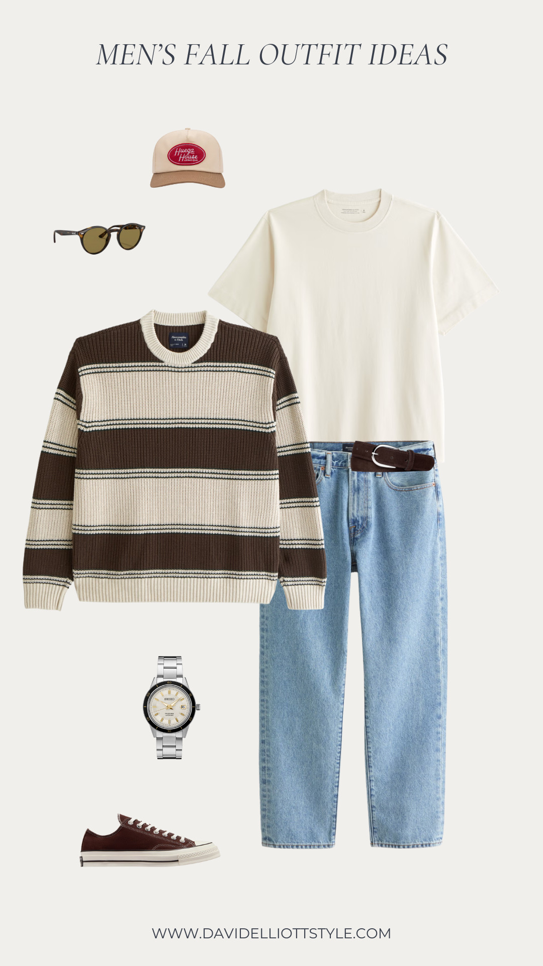Casual fall outfit with a striped cotton sweater, washed blue jeans and brown Chuck 70s - perfect for a fall stroll or casual lunch date.  

 #LTKMens