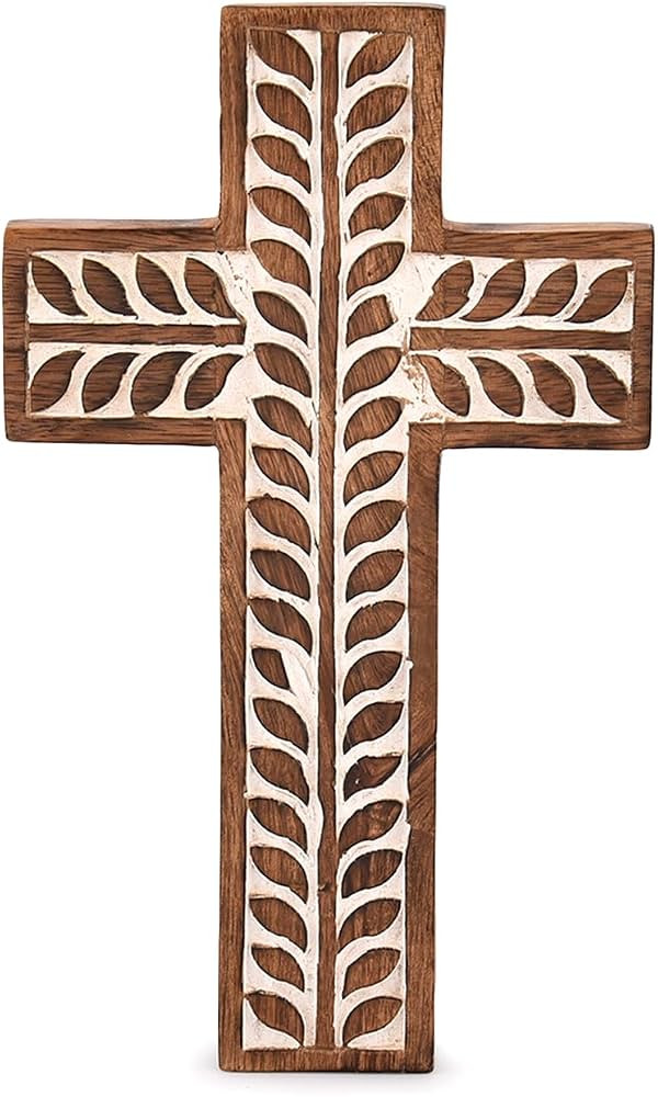 NIRMAN Mango Wood Religious Catholic Cross Wall Hanging Floral Carvings Living Room Home D\u00e9c... | Amazon (US)
