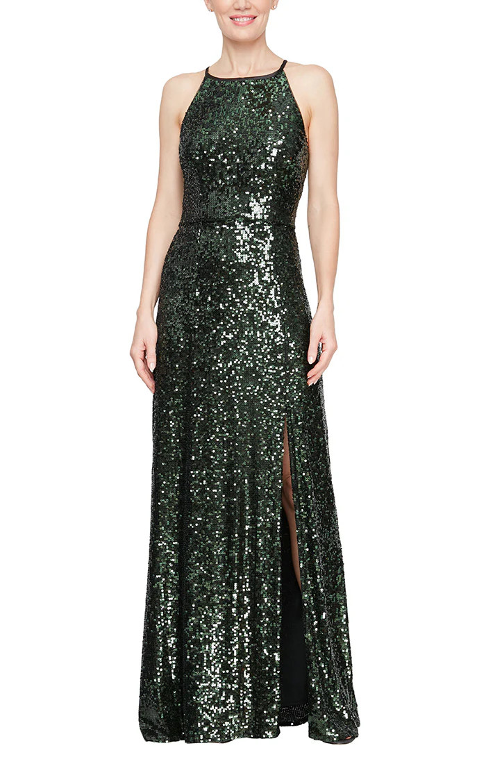 Long Sequin Gown with Halter Neckline and Front Slit | Alex Evenings