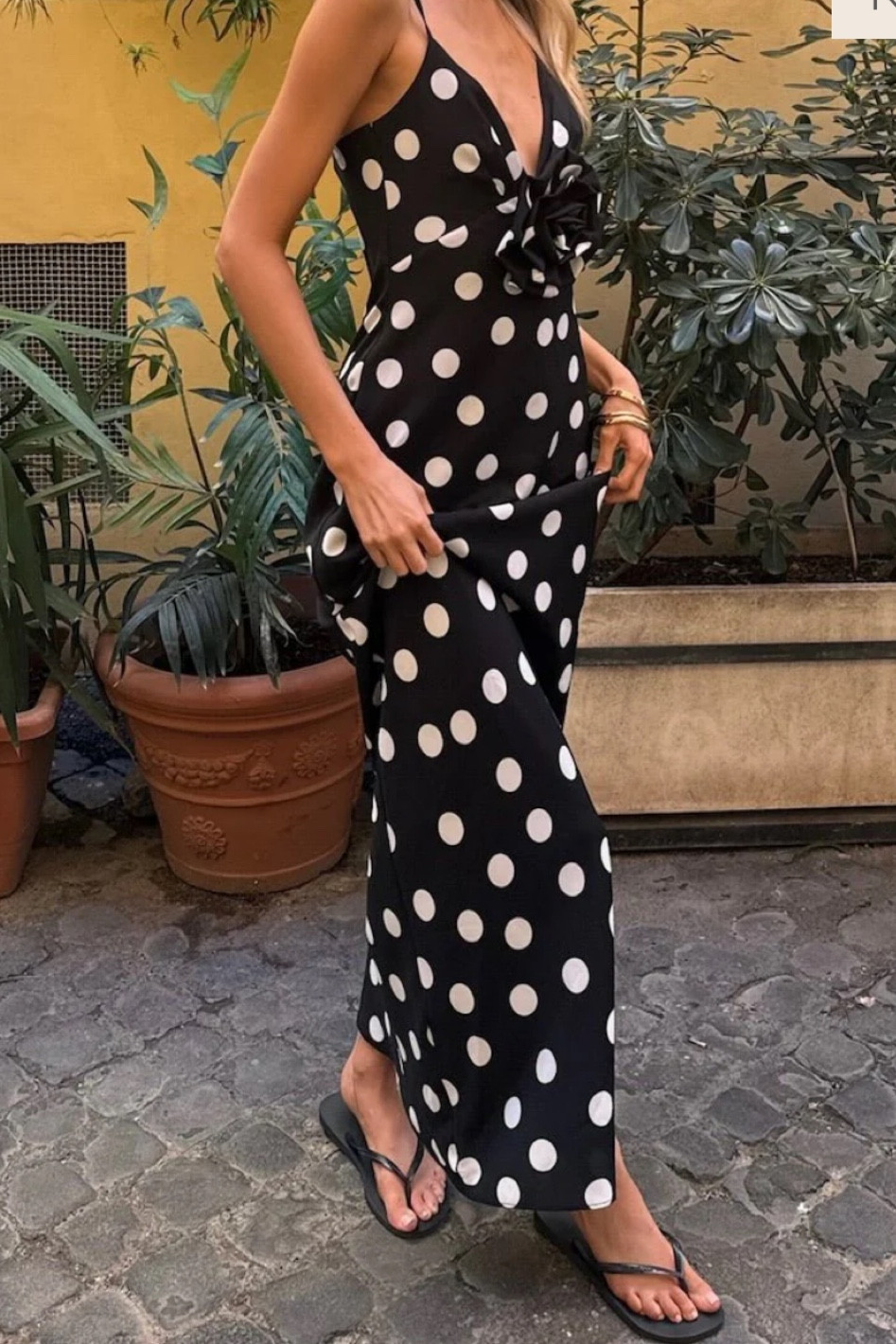 Maxi dress, polka dot dress, flower detail, rose detail, evening dress, summer dress, sundress, monochrome dress 

#LTKwedding #LTKstyletip #LTKsummer