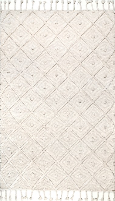 Ivory Diamond Textured Trellis Tassel Waffell Area Rug | Rugs USA