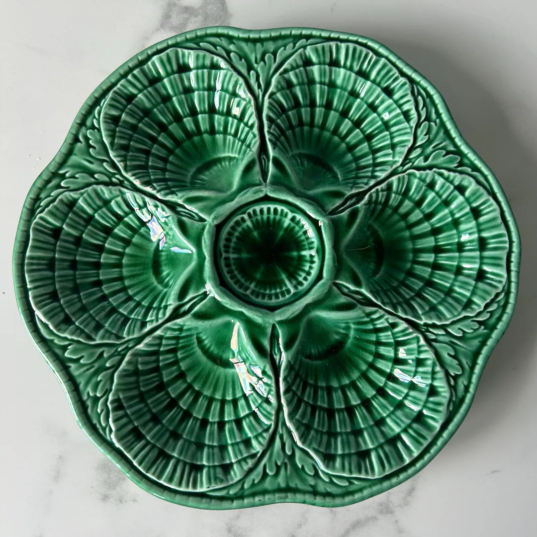SARREGUEMINES Stunning Vintage French Oyster Clam Scallop Plate Platter Jade Green Vintage Dining... | Etsy (Global)