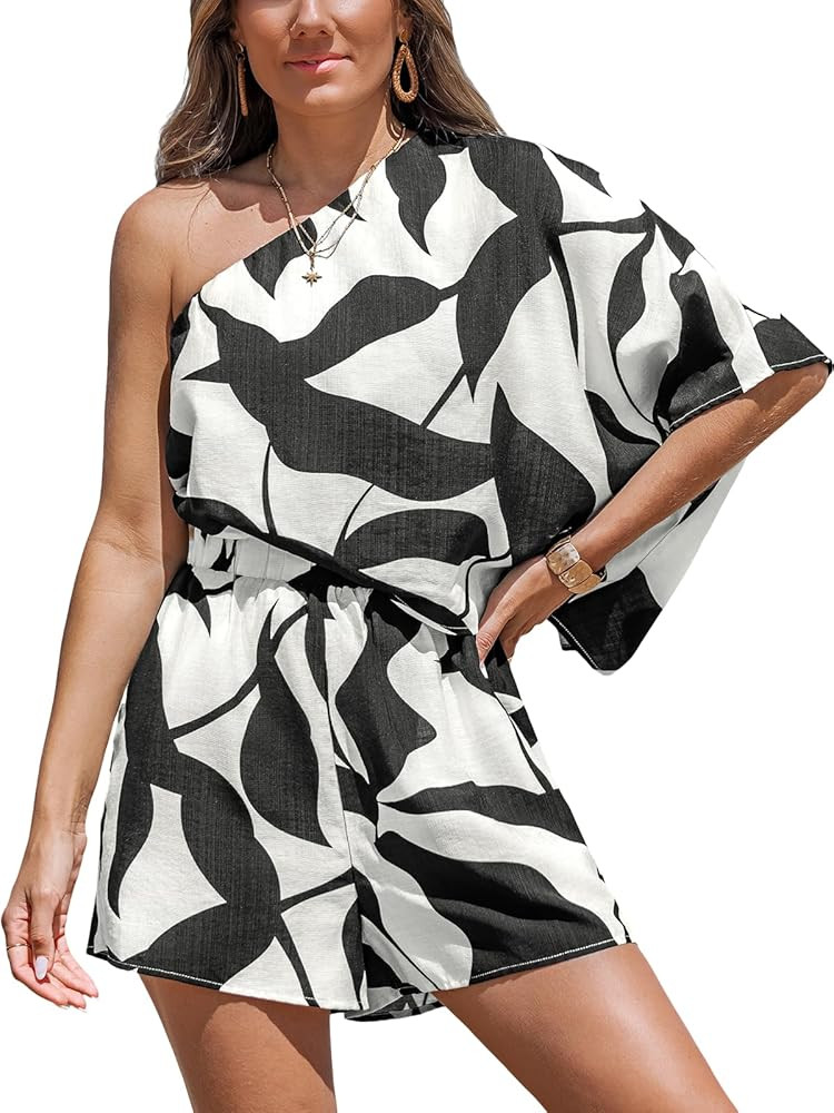 CUPSHE Women's One Shoulder Romper 3/4 Sleeve Wide Leg Mini Jumpsuit Short Draped Bodice Romper C... | Amazon (US)