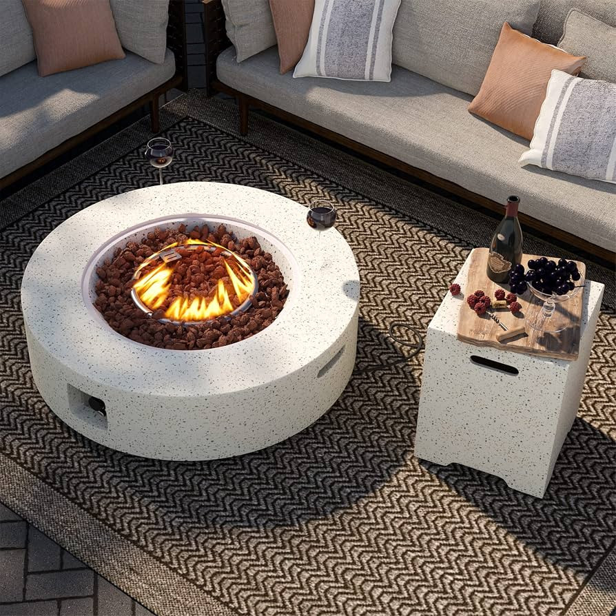 SUNBURY Outdoor Propane Fire Pit Table, 42 Inch 50000 BTU Round Spotted White Patio Gas Fire Tabl... | Amazon (US)