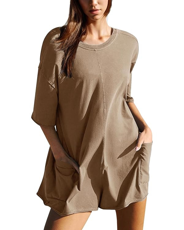 Dokuritu Rompers for Women Short Sleeve Round Neck Summer Athletic Romper Oversized Back V Neck O... | Amazon (US)