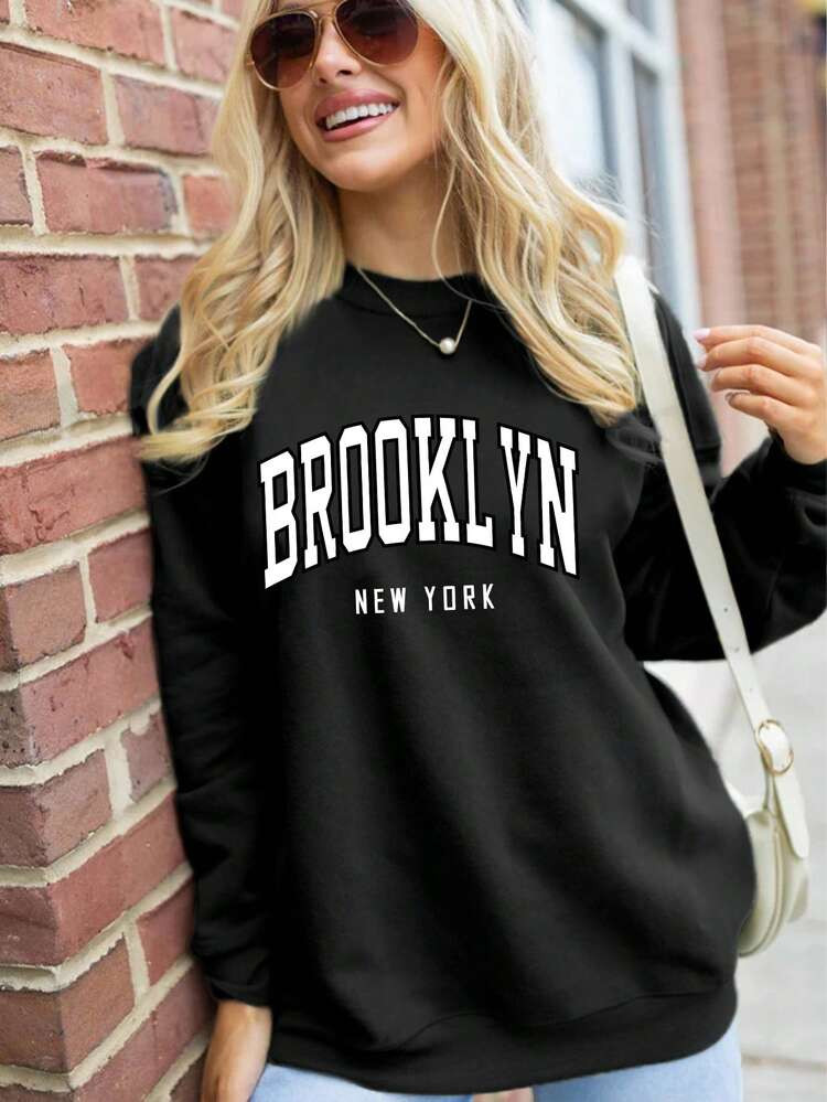 ReShift Plus Size Women's Letter BROOKLYN NEW YORK Graphic Thermal Lined Sweatshirt | SHEIN