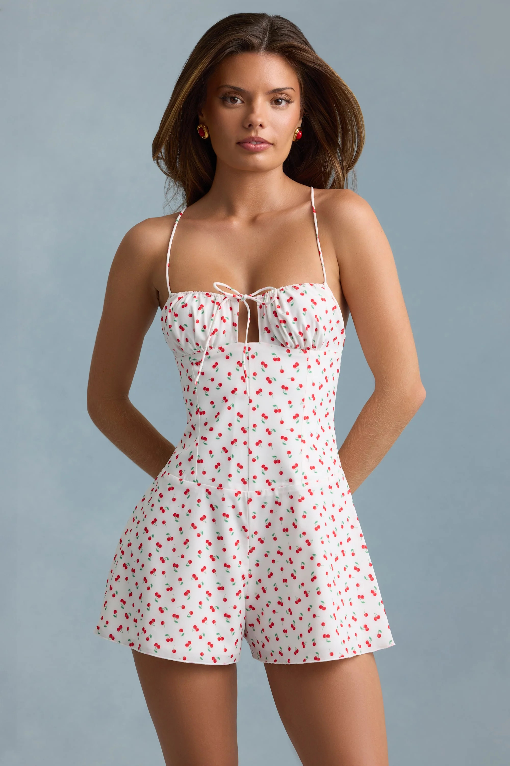 Ruched Backless Playsuit in Cherry Print | Oh Polly