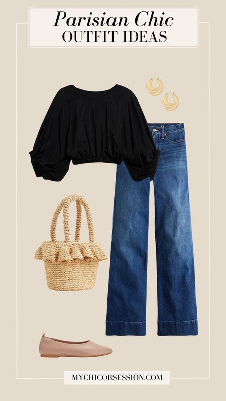Start this classic look with a black top and dark blue jeans. Mix in modern elements of a high waist in the jeans, with a cuffed hem. As for your top, try a slightly shorter length to pair with the higher waist of the jeans – this blouse hits at hip level. Accessorize with gold hoops, a straw bag, and classic flats.

#LTKStyleTip #LTKSeasonal