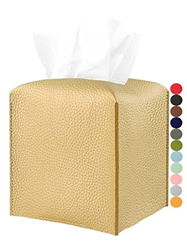 Gold Tissue Box Cover Leather – Tissue Holder with Bottom Belt by JESMINI, Decorative Aesthetic PU Leather Tissue Box Holder for Bathroom Home Office Decor | Amazon (US)