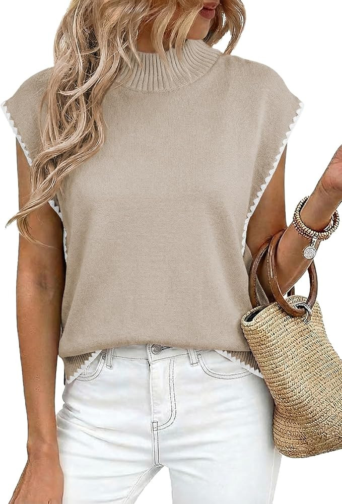 SHEWIN Womens Sleeveless Turtleneck Sweater Vest Trendy Contrast Trim Cap Sleeve Mock Neck Knit P... | Amazon (US)