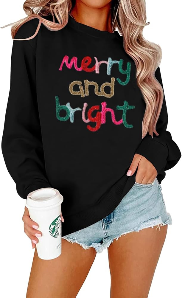 MOUSYA Oversized Christmas Pullovers Women Merry Bright Colorful Letter Printed Sweatshirt Christ... | Amazon (US)