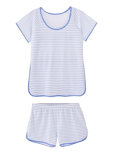 Hilinker Women Striped Pajama Set 2 Piece Short Sleeve Top with Shorts Sleepwear Summer Lounge Sets Blue Wide White Stripe Small | Amazon (US)