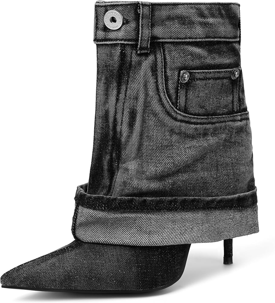 Pointed Toe Fine Stiletto High Heel Ankle Denim Booties for women Fold Over Ankle Short Jean Boot... | Amazon (US)