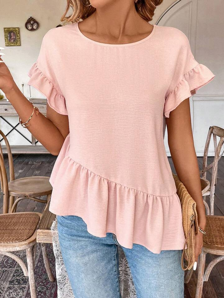 SHEIN VCAY Women'S Ruffled Hem Round Neck Shirt | SHEIN