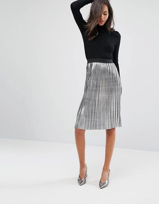 Miss Selfridge Metallic Pleated Midi Skirt | ASOS UK