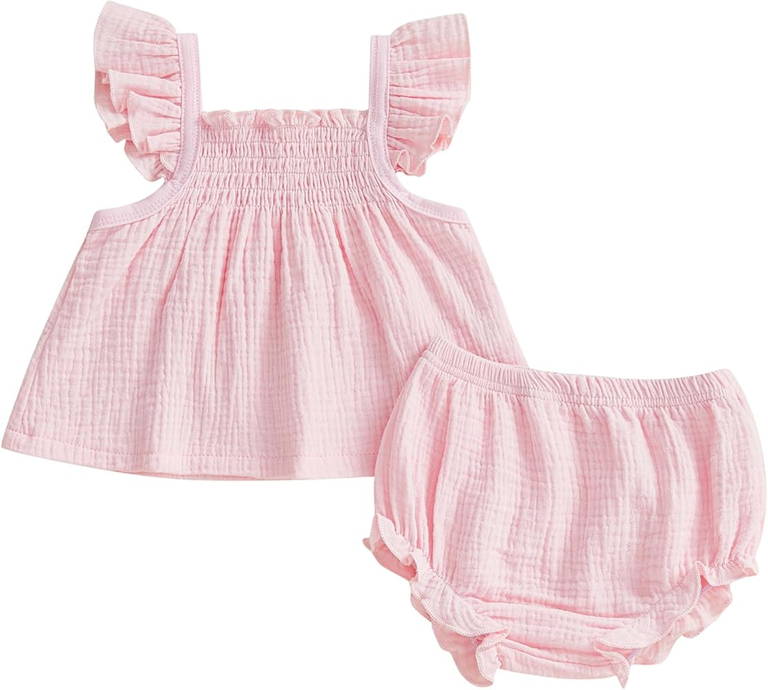 Mubineo Baby Girl Summer Clothes Cute Basic Plain Cotton Linen Ruffle Tops Dress Shorts Outfits S... | Amazon (US)