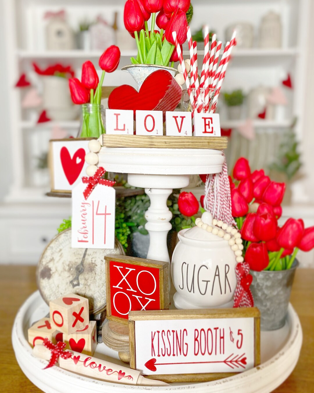 Red & White Valentines Day tiered tray set! Mix and match items, mini signs, garlands, love dice,... | Etsy (US)