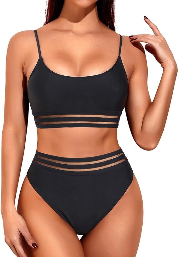 Holipick Women Two Piece High Waisted Bikini Sporty Mesh Swimsuits Tummy Control Bathing Suit wit... | Amazon (US)