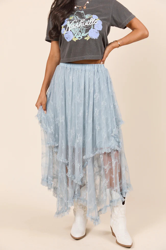 Cynthia Dusty Blue All Over Lace Hanky Hem Skirt | Pink Lily