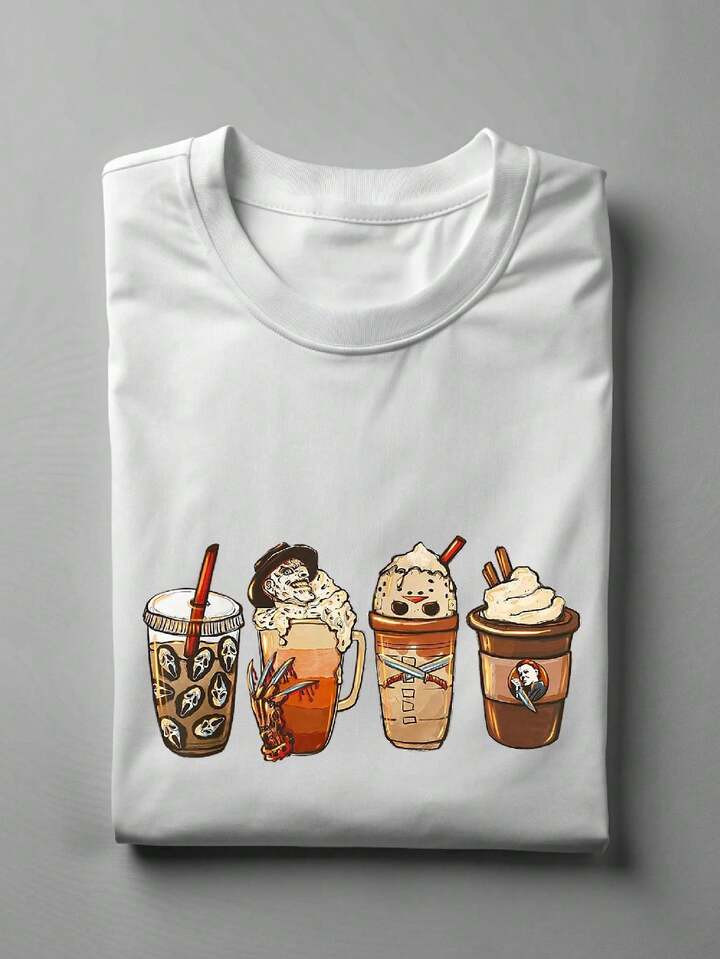 Halloween Coffee Cups Shirt, Skull Coffee T-Shirt, Iced Coffee Lover Gift Tee, Unisex Fall Coffee... | SHEIN