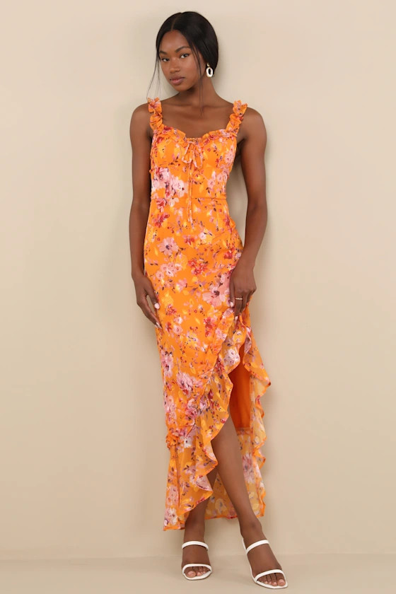 Lovable Spirit Orange Floral Burnout Ruffled High-Low Maxi Dress | Lulus