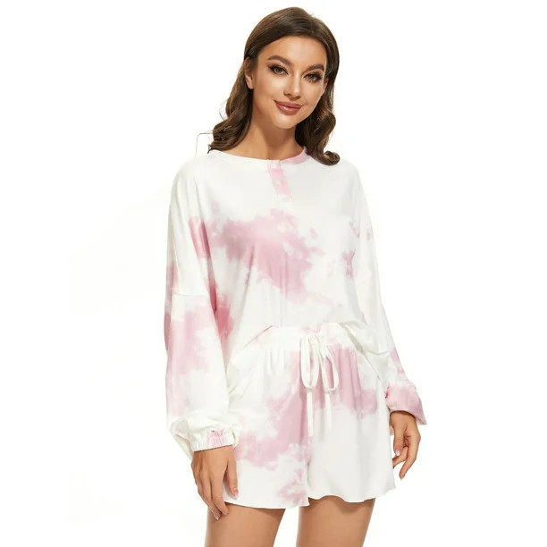 Ever-Pretty Women's Tie Dye Printed Button Down Long Sleeve 2 Piece Short Activewear Lounge Set N... | Walmart (US)