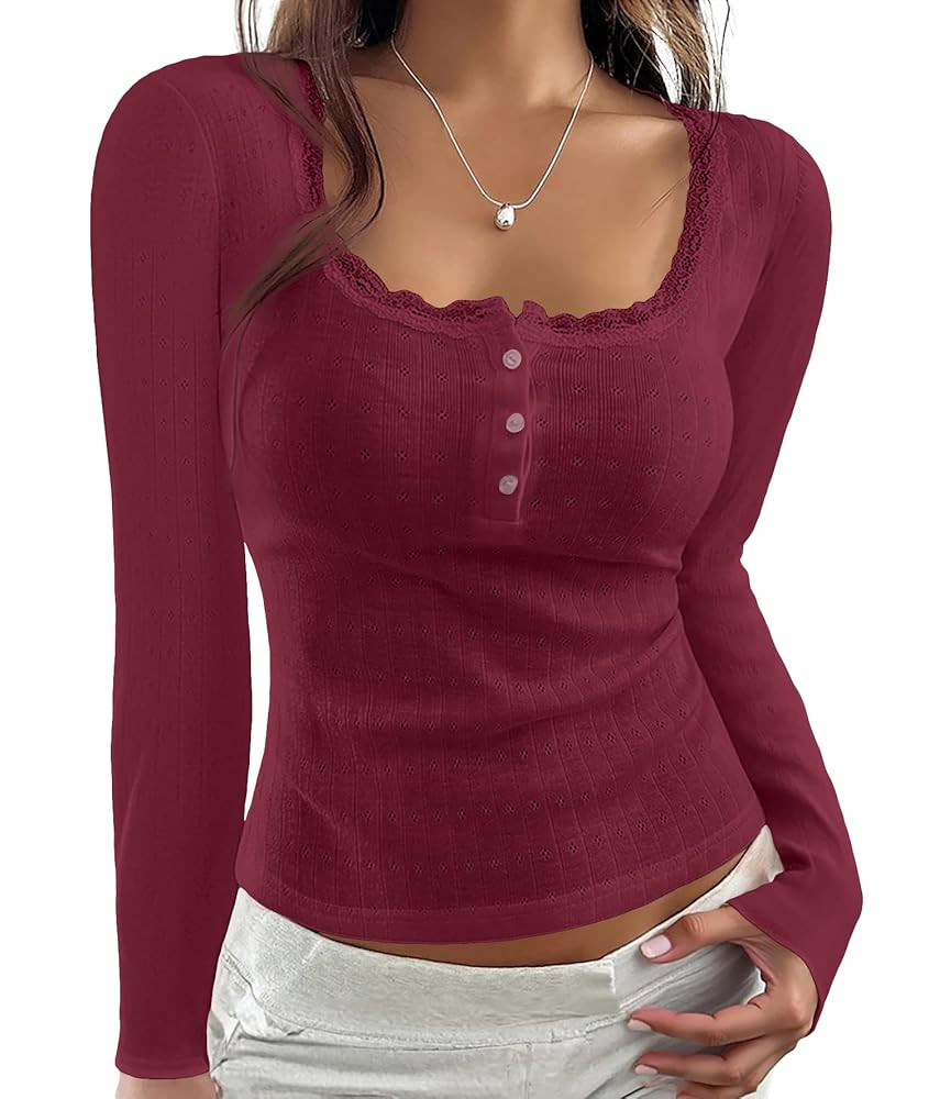 Cioatin Women Lace Trim Button Up Pointelle Crop Tops-Long Sleeve Scoop Neck Henley Tshirt Slim F... | Amazon (US)