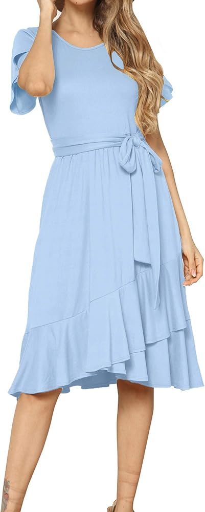 levaca Women's Plain Casual Flowy Short Sleeve Midi Dress with Belt | Amazon (US)