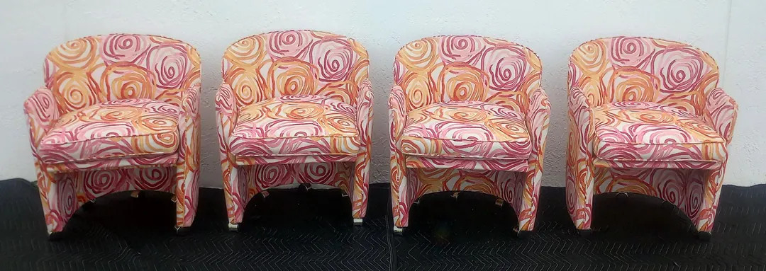 Set of 4 Modern Retro Unique Custom Made Barrel Upholstered Arm Chairs on Wheels - Etsy | Etsy (US)