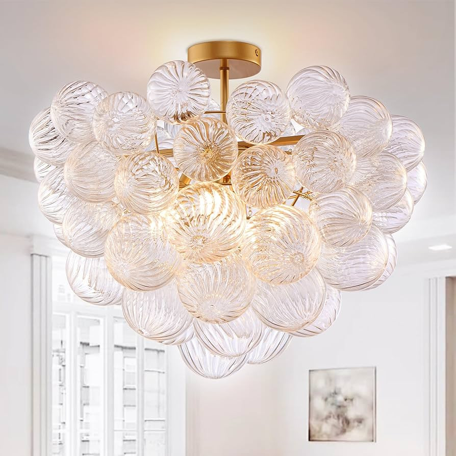 Semi Flush Mount Bubble Ball Chandelier 24" Clear Swirled Ribbed Blown Glass Globe Gold Chandelie... | Amazon (US)