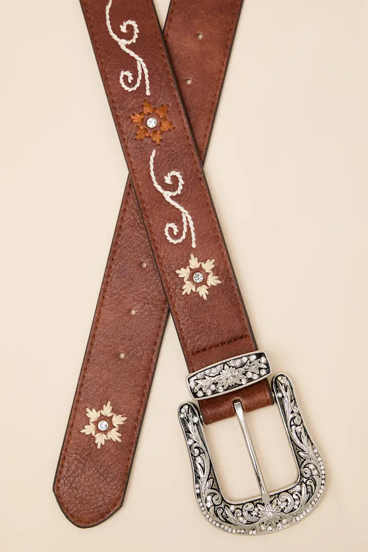 Chaney Brown Embroidered Rhinestone Western Belt | Lulus