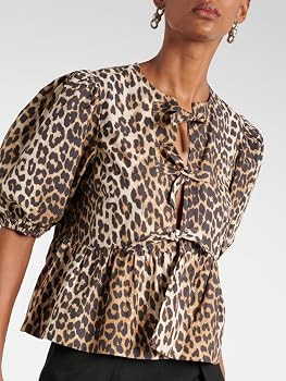 Women Leopard Print Y2K Puff Short Sleeve Peplum Shirts Tie Front Ruffle Babydoll Blouse Tops Sum... | Amazon (US)