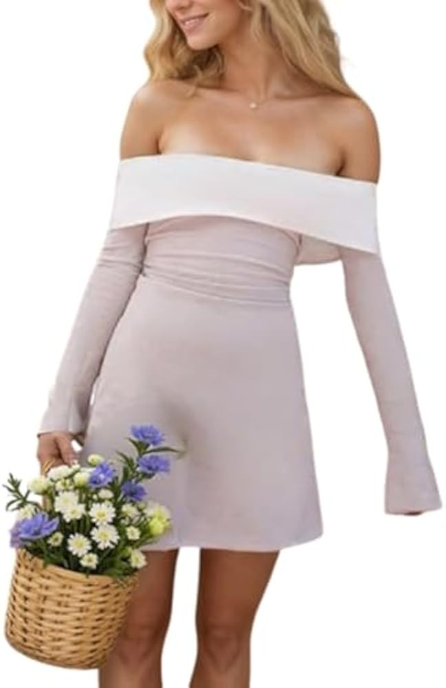 Off The Shoulder Mini Dress Long Sleeve Elegant Bodycon Dress Cocktail Y2K Ruffle Brunch Chic Dre... | Amazon (US)