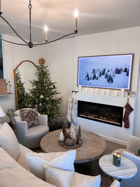 Electric fireplace, living room Christmas + holiday decor 