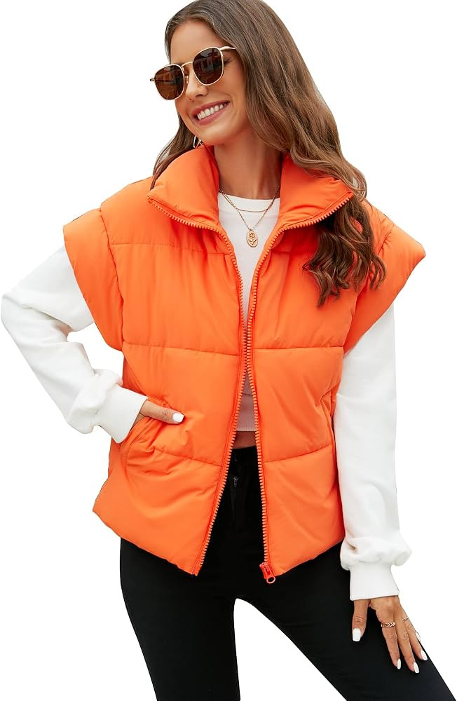 Flygo Women's Puffer Vest Zip Up Stand Collar Cap Sleeve Winter Padded Outerwear Vests | Amazon (US)