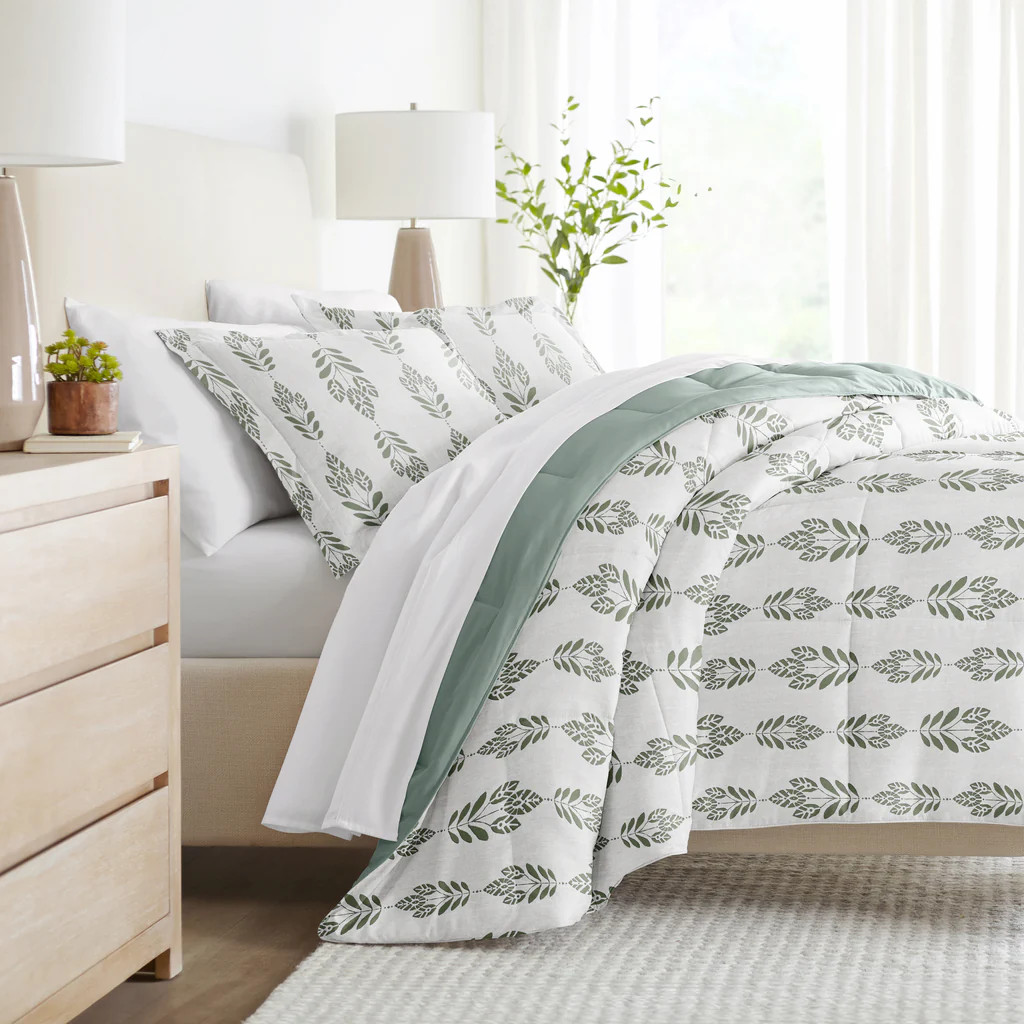 Folk Leaves Reversible Down-Alternative Comforter Set | Linens and Hutch