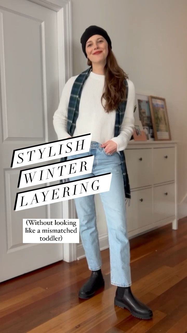 Sweater runs large, under layers TTS, jeans slightly small, boots TTS. Scarf is old! 