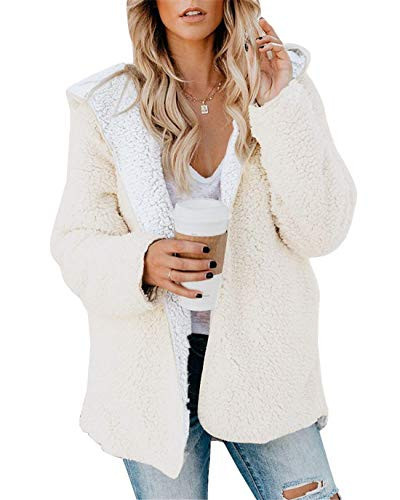 ReachMe Sherpa Jacket Women Oversized Fuzzy Fleece Jackets Winter Coats with Pockets Open Front Hooded Fluffy Cardigans(Cream,XL) | Amazon (US)