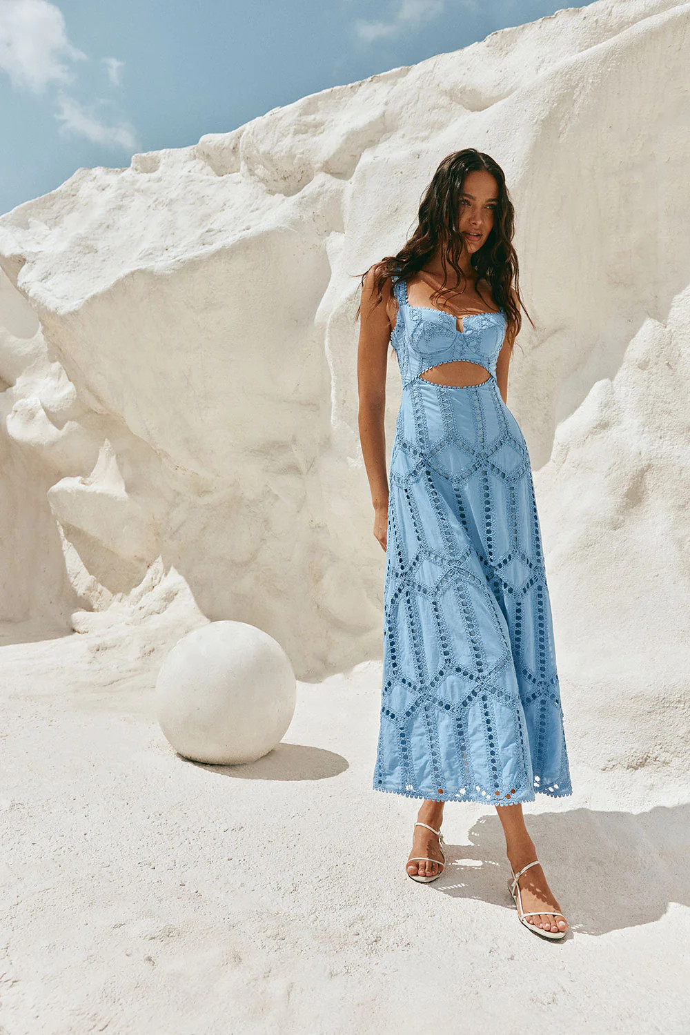Blue Cotton Cutwork Flouncy Maxi Camilla Dress | Sabo Skirt US