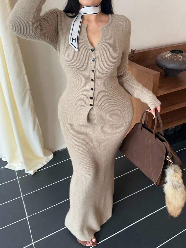 Vibekara 2pcs Women's Autumn/Winter New Slim Fit Cardigan & Skirt Set Fall Cloth For Women | SHEIN