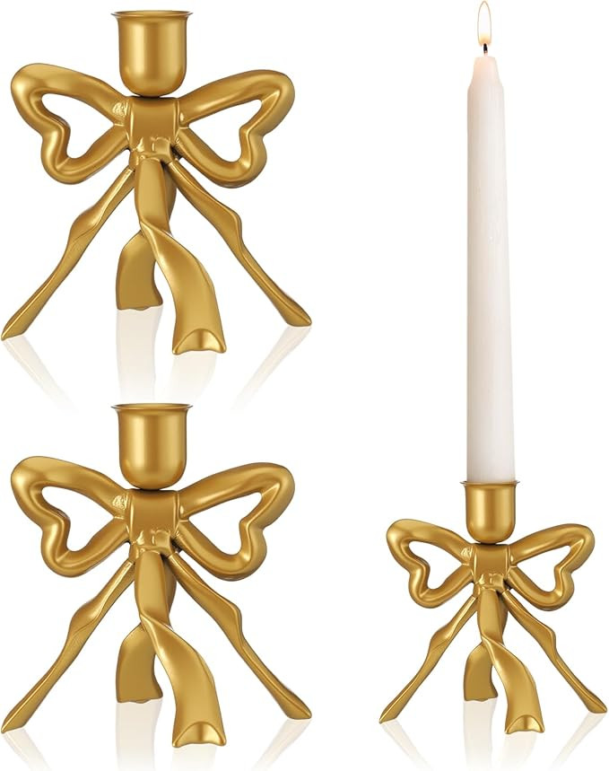 Mumufy 2 Pcs Gold Bow Taper Candle Holder Vintage Metal Candle Stick Holders Antique Brass Decora... | Amazon (US)