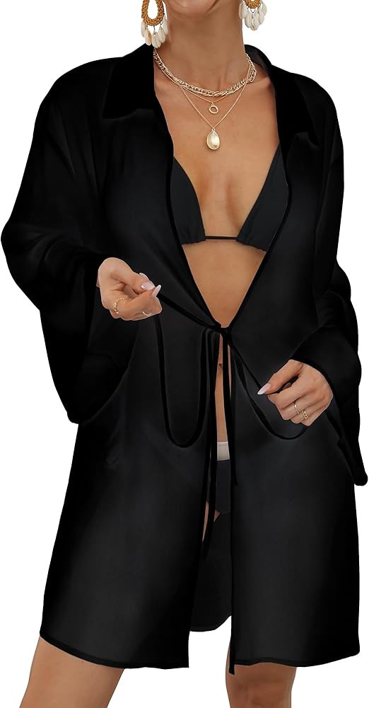 Bsubseach Chiffon Bathing Suit Cover Ups for Women Sheer Swimsuit Coverup Long Sleeve Beachwear | Amazon (US)