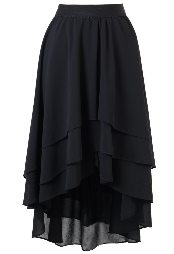 Slant Tiered Black Chiffon Skirt | Chicwish