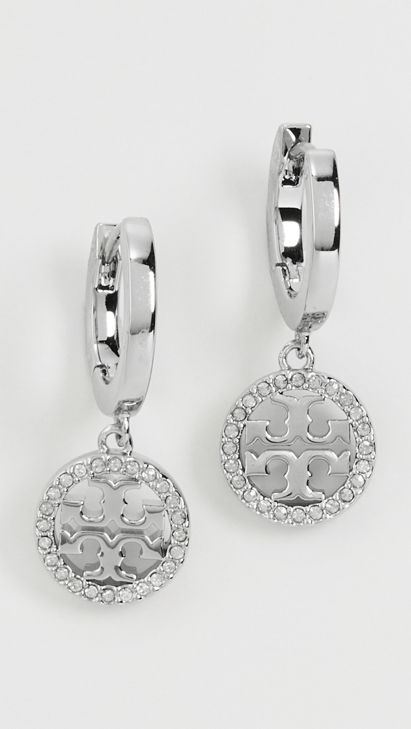 Tory Burch Huggie Hoop Earrings Tory Silver/Crystal One Size | Shopbop